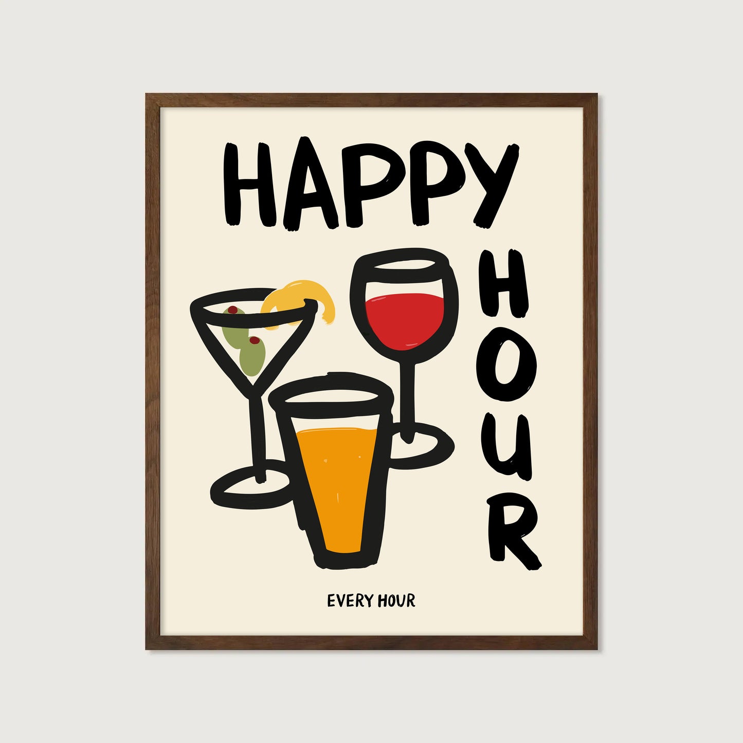 hand-drawn martini wine glass beer happy hour every hour bold lettering cream background art print