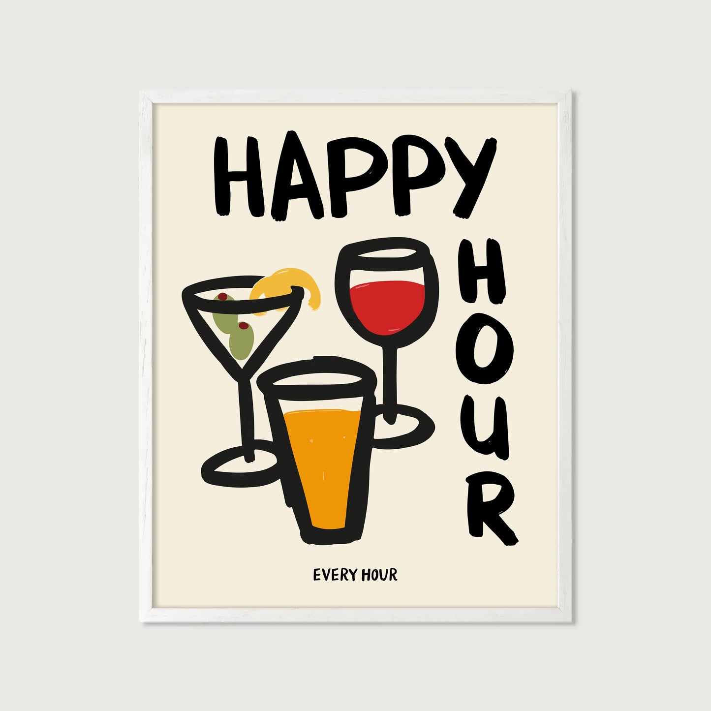 hand-drawn martini wine glass beer happy hour every hour bold lettering cream background art print