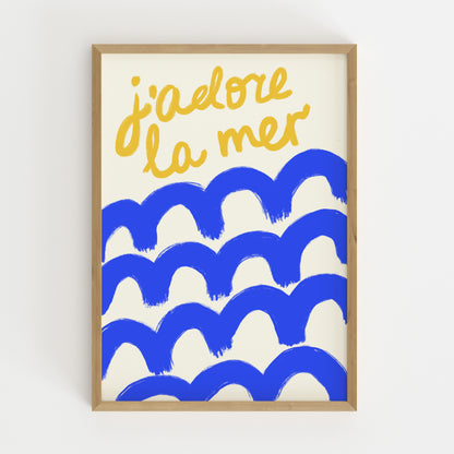 hand-drawn bold blue waves golden yellow j'adore la mer lettering cream background French coastal art print