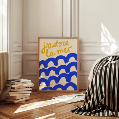 hand-drawn bold blue waves golden yellow j'adore la mer lettering cream background French coastal art print