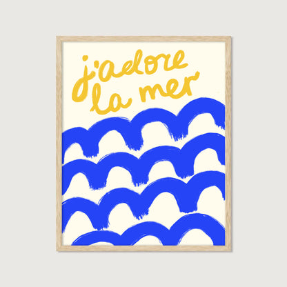 hand-drawn bold blue waves golden yellow j'adore la mer lettering cream background French coastal art print