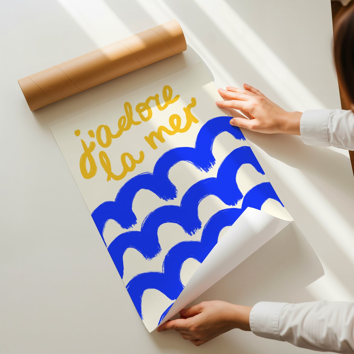 hand-drawn bold blue waves golden yellow j'adore la mer lettering cream background French coastal art print