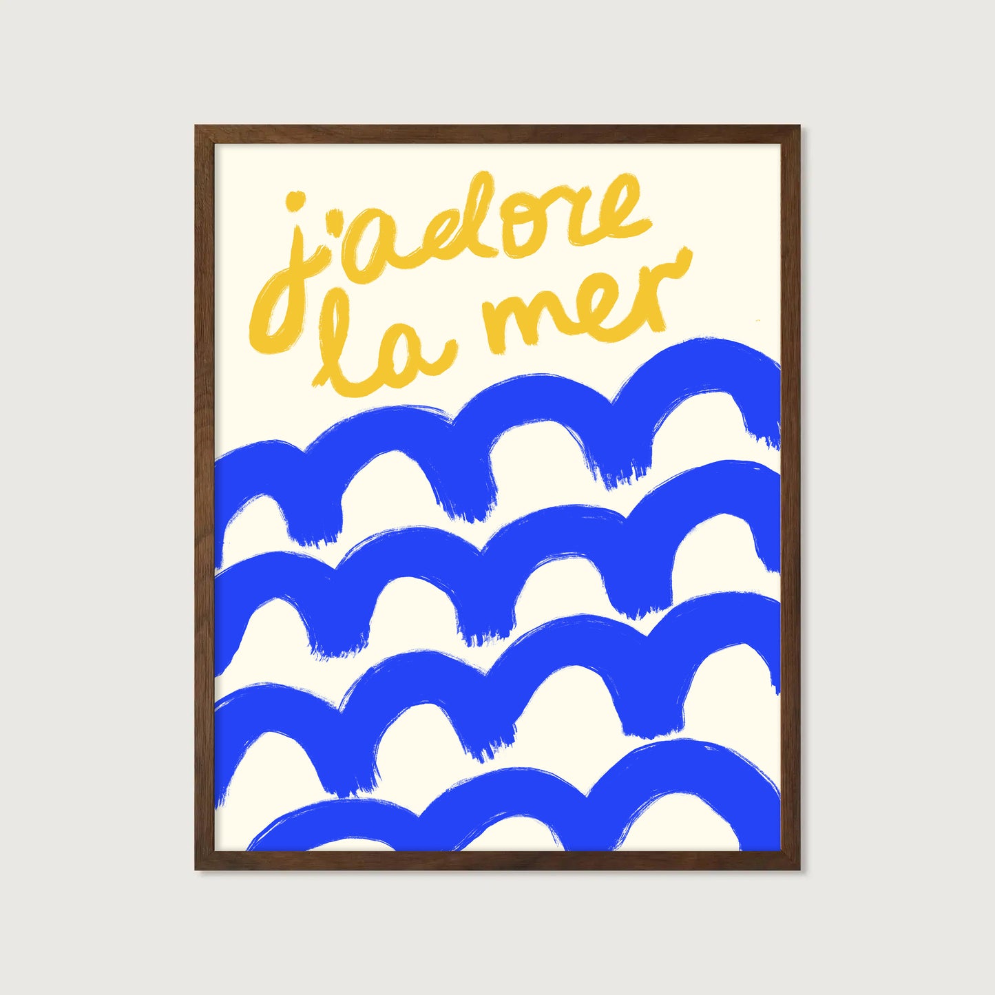 hand-drawn bold blue waves golden yellow j'adore la mer lettering cream background French coastal art print