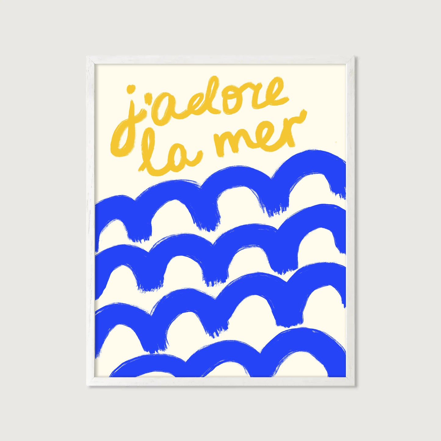 hand-drawn bold blue waves golden yellow j'adore la mer lettering cream background French coastal art print