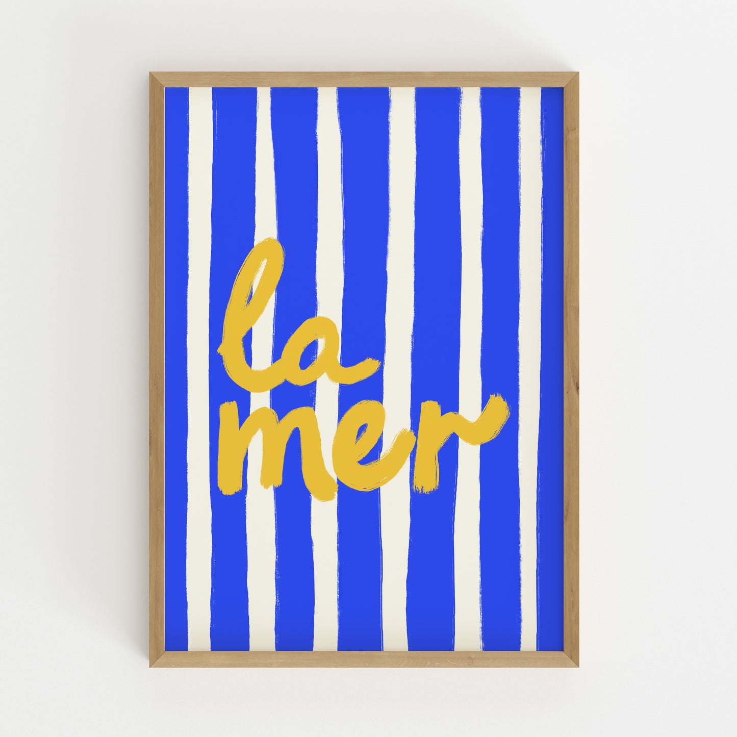 bold blue white stripe hand-lettered la mer golden yellow French coastal art print