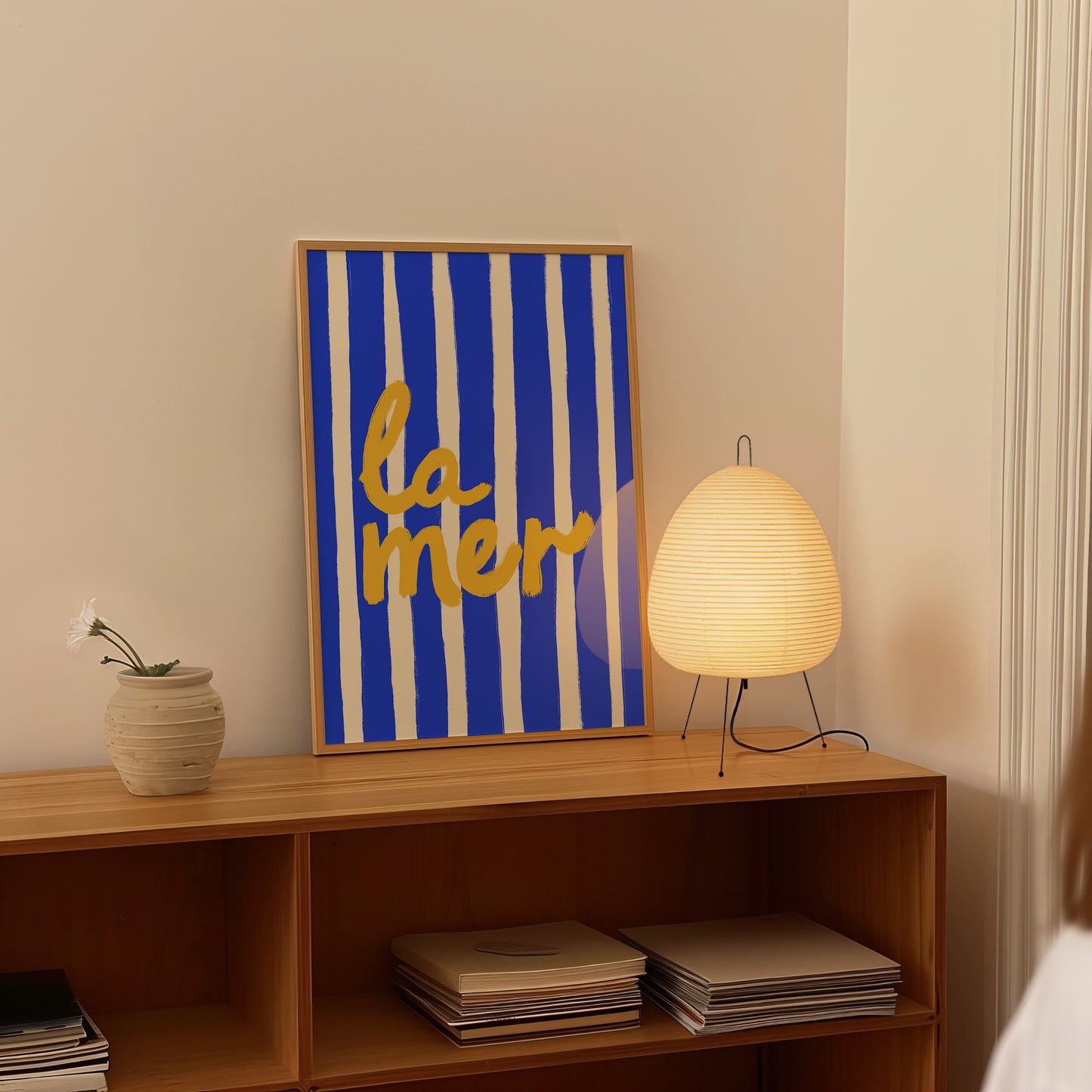 bold blue white stripe hand-lettered la mer golden yellow French coastal art print