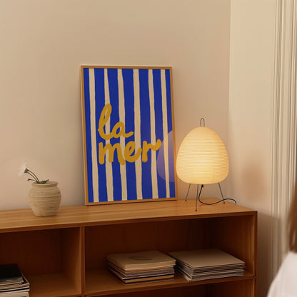 bold blue white stripe hand-lettered la mer golden yellow French coastal art print