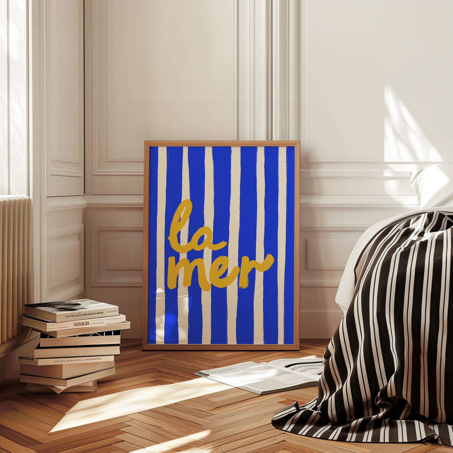 bold blue white stripe hand-lettered la mer golden yellow French coastal art print