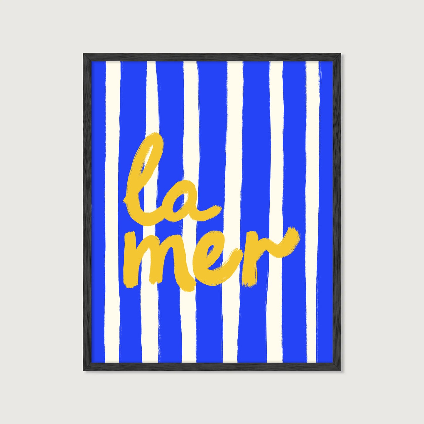 bold blue white stripe hand-lettered la mer golden yellow French coastal art print