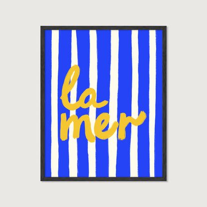 bold blue white stripe hand-lettered la mer golden yellow French coastal art print