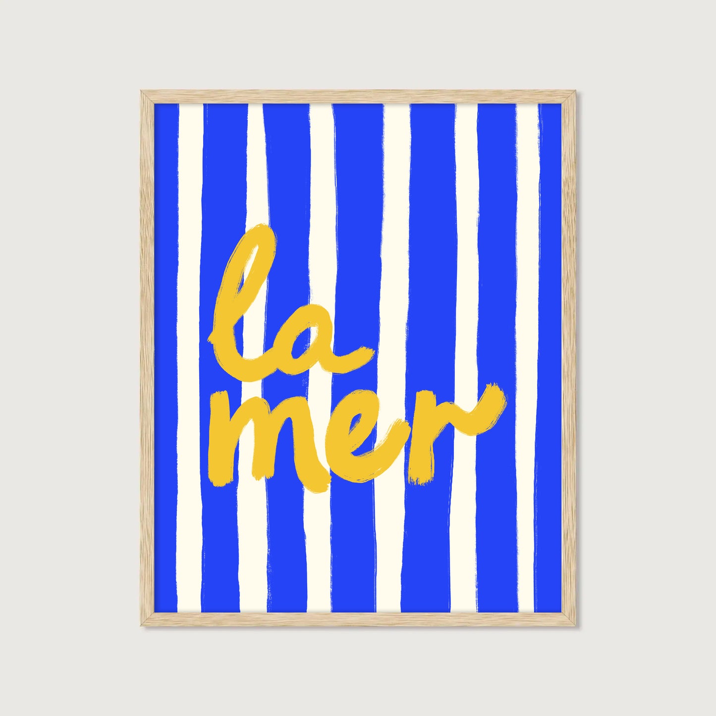 bold blue white stripe hand-lettered la mer golden yellow French coastal art print