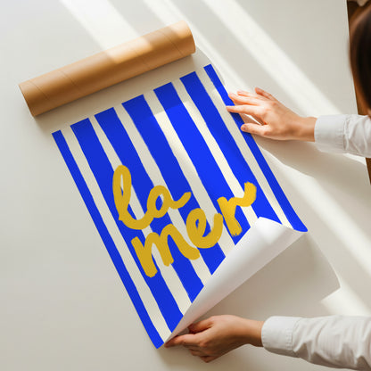 bold blue white stripe hand-lettered la mer golden yellow French coastal art print