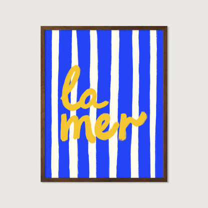 bold blue white stripe hand-lettered la mer golden yellow French coastal art print