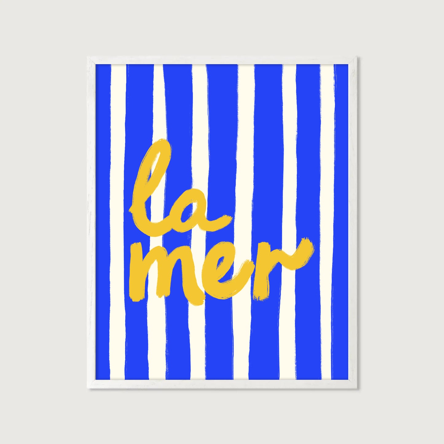 bold blue white stripe hand-lettered la mer golden yellow French coastal art print