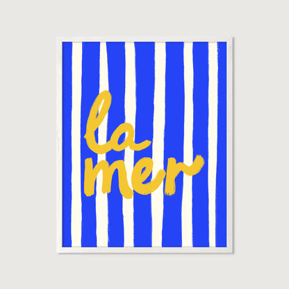 bold blue white stripe hand-lettered la mer golden yellow French coastal art print