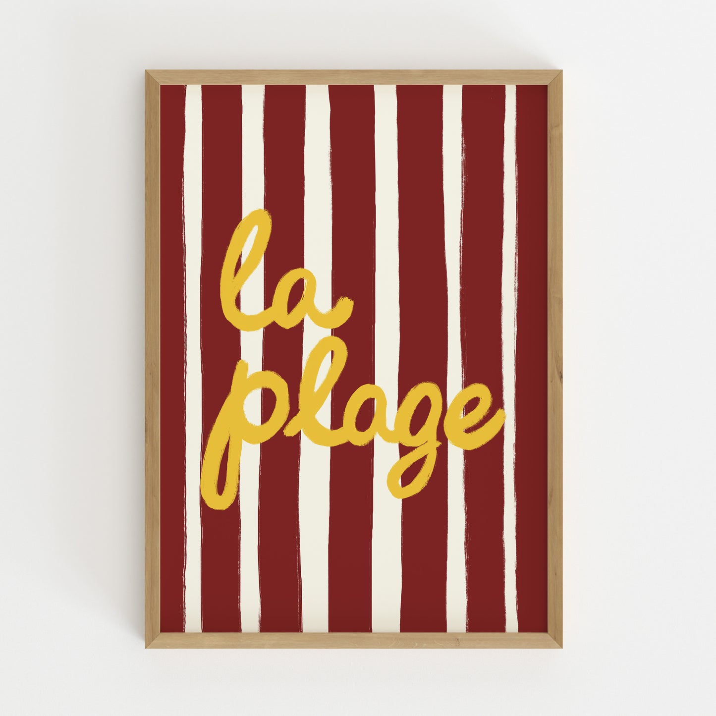 bold dark red white stripe hand-lettered la plage golden yellow French beach art print