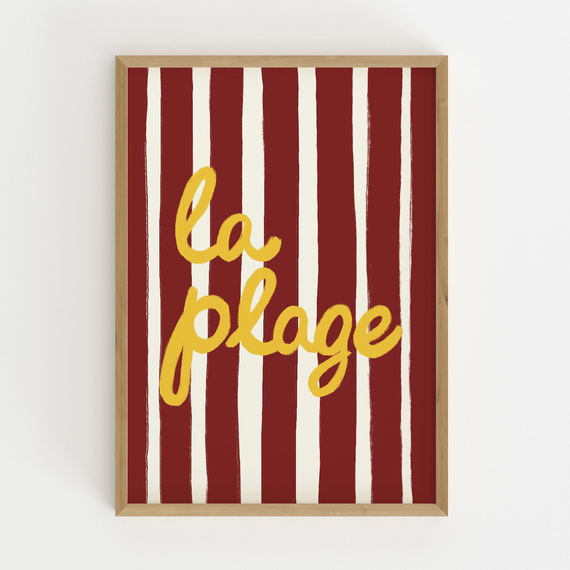 bold dark red white stripe hand-lettered la plage golden yellow French beach art print