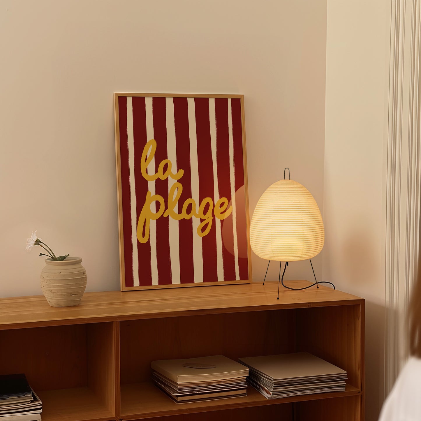 bold dark red white stripe hand-lettered la plage golden yellow French beach art print