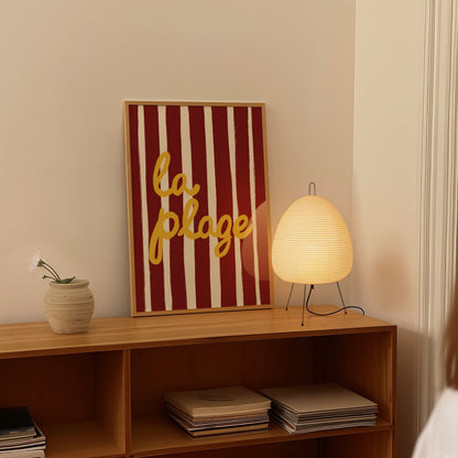 bold dark red white stripe hand-lettered la plage golden yellow French beach art print