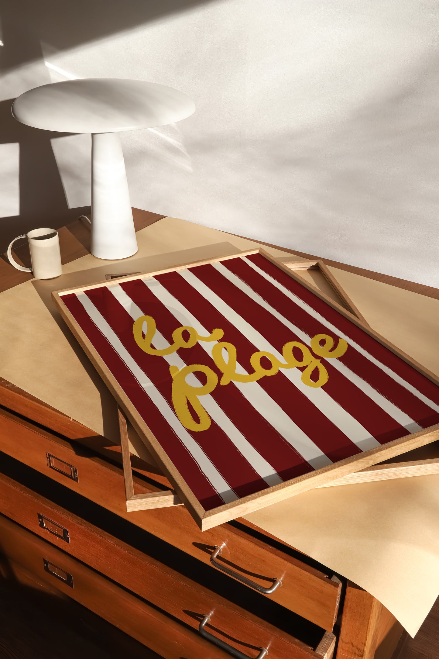 bold dark red white stripe hand-lettered la plage golden yellow French beach art print
