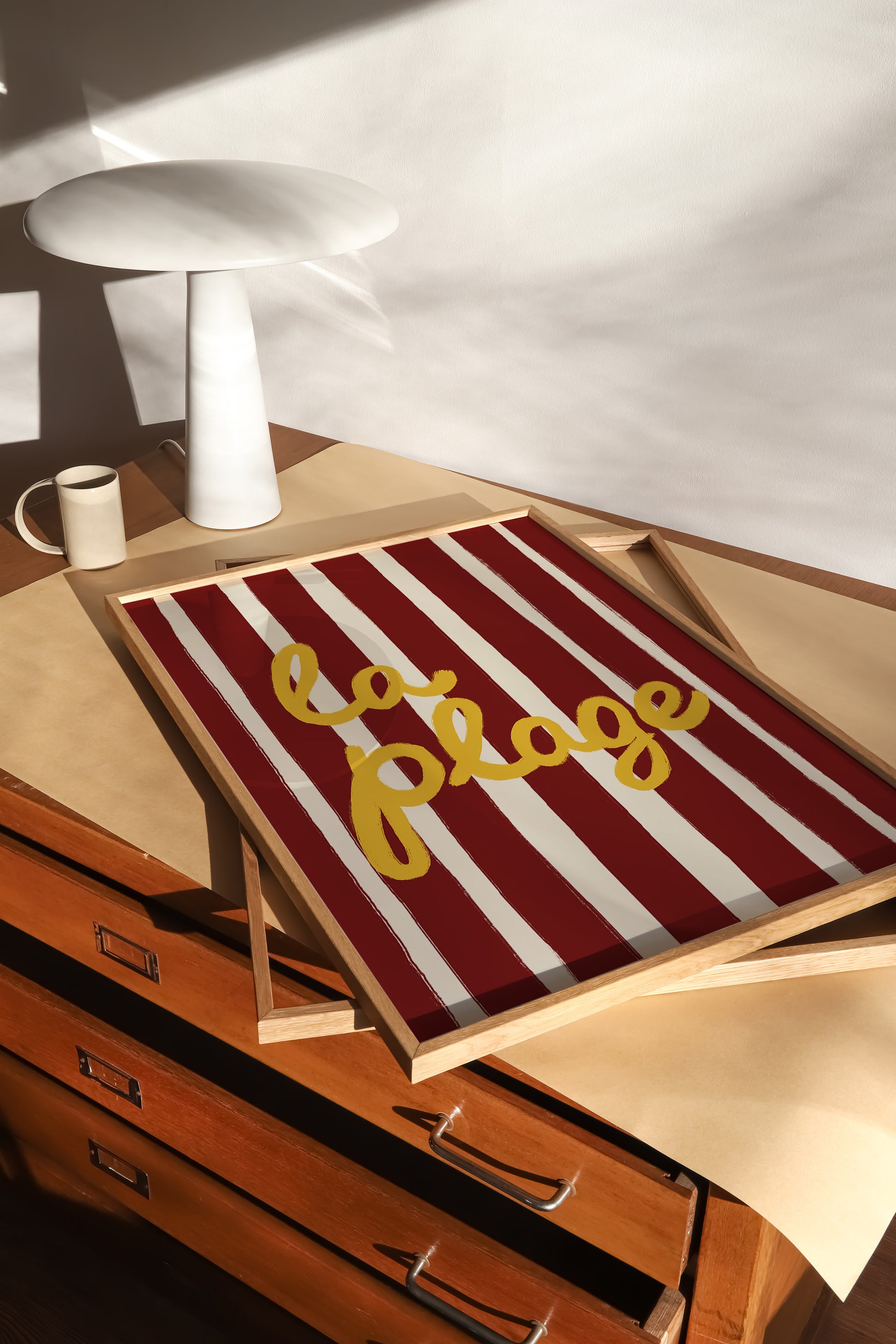 bold dark red white stripe hand-lettered la plage golden yellow French beach art print