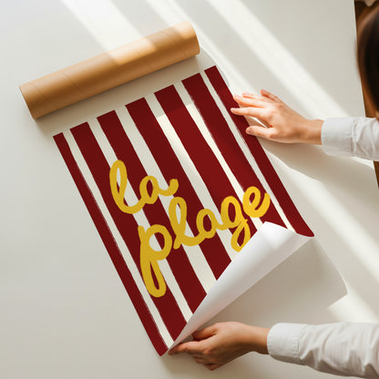 bold dark red white stripe hand-lettered la plage golden yellow French beach art print
