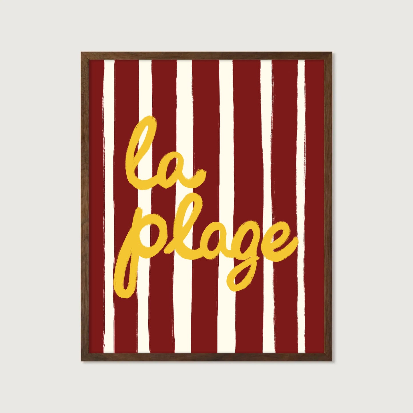 bold dark red white stripe hand-lettered la plage golden yellow French beach art print