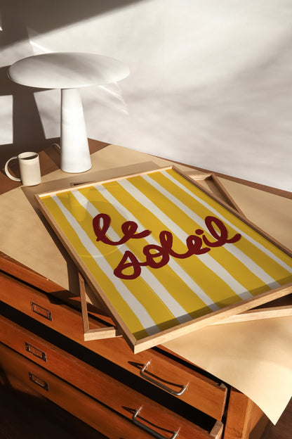 bold yellow white stripe hand-lettered le soleil dark red French summer art print
