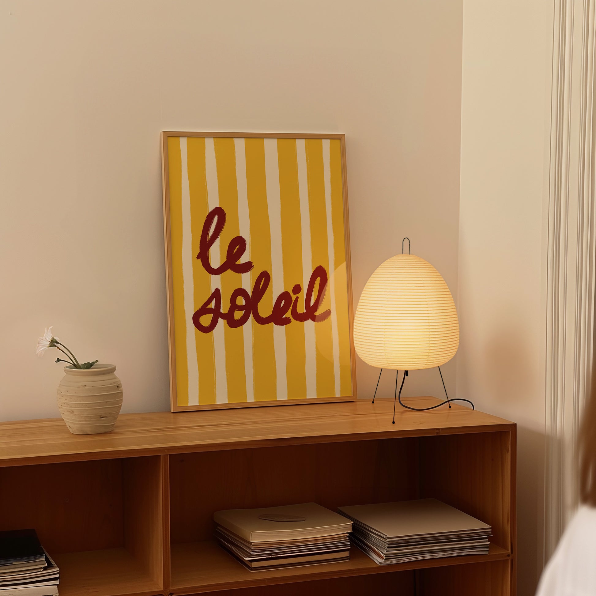 bold yellow white stripe hand-lettered le soleil dark red French summer art print
