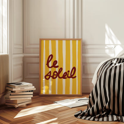 bold yellow white stripe hand-lettered le soleil dark red French summer art print