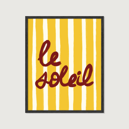 bold yellow white stripe hand-lettered le soleil dark red French summer art print