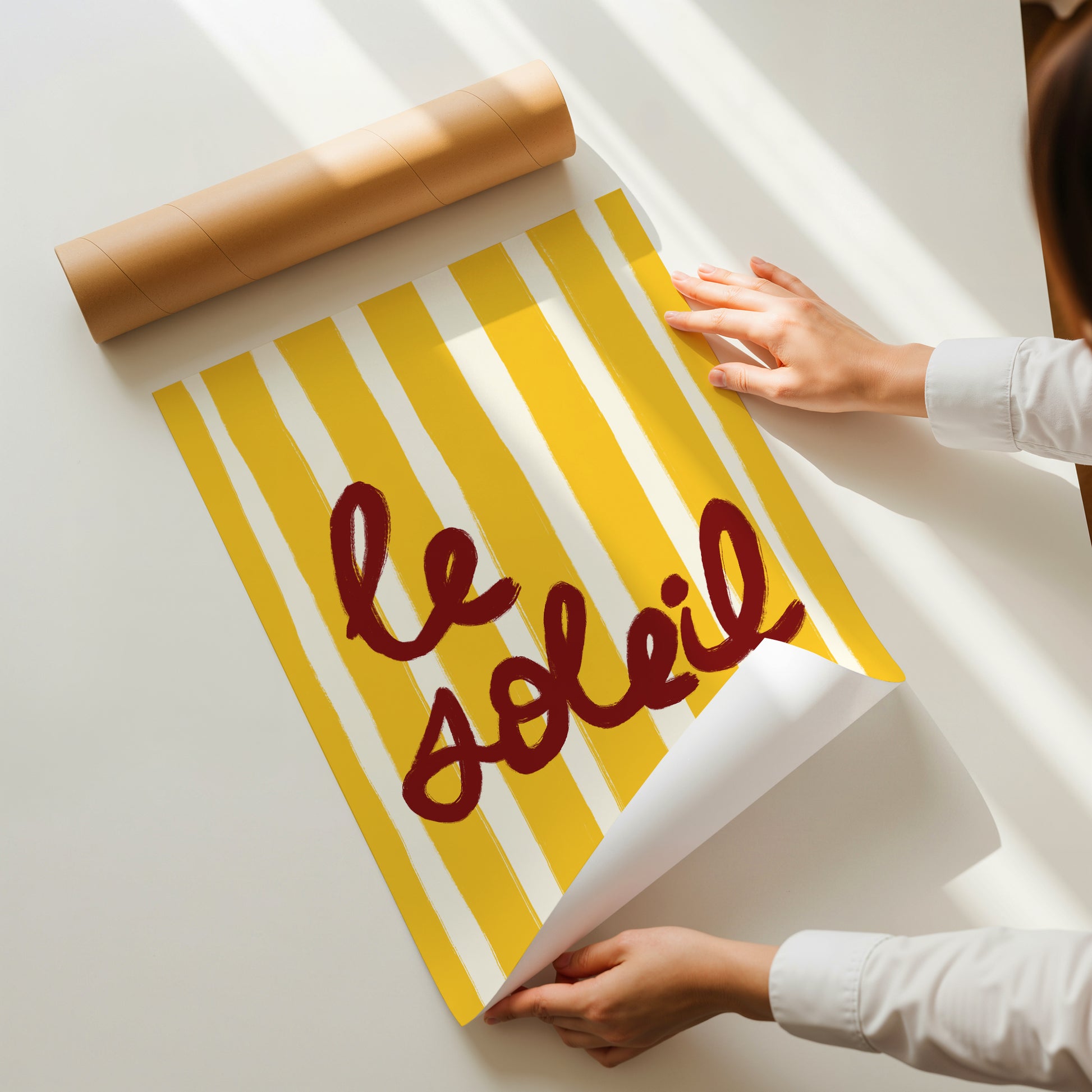 bold yellow white stripe hand-lettered le soleil dark red French summer art print