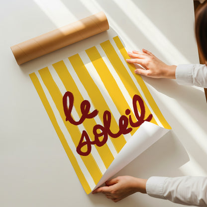 bold yellow white stripe hand-lettered le soleil dark red French summer art print