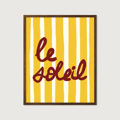 bold yellow white stripe hand-lettered le soleil dark red French summer art print