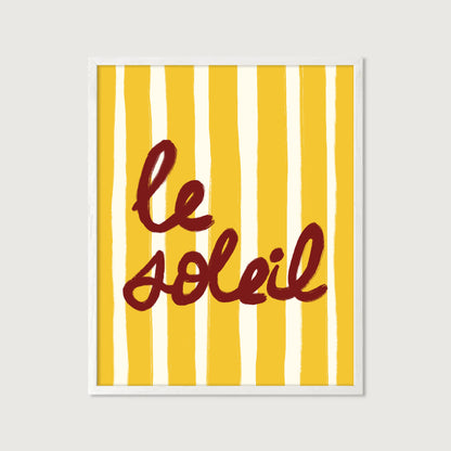 bold yellow white stripe hand-lettered le soleil dark red French summer art print