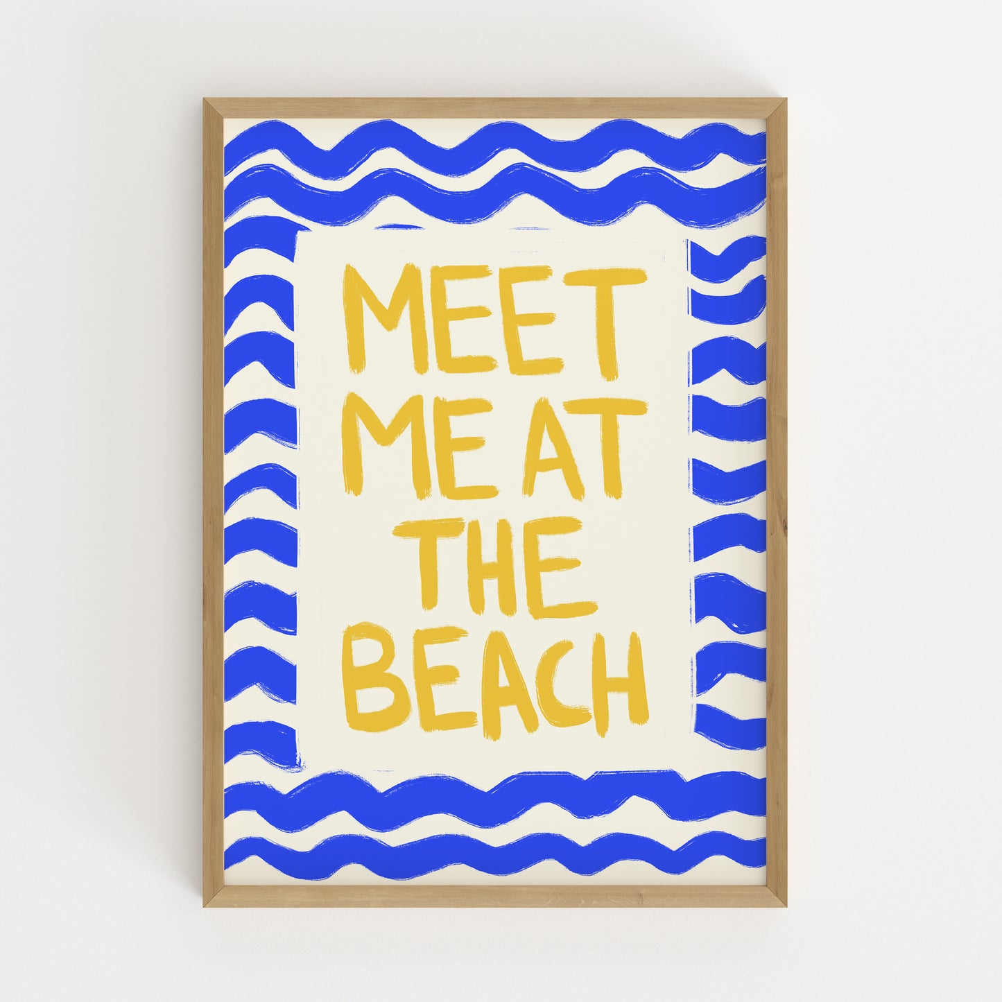 hand-drawn golden yellow meet me at the beach lettering blue wave border cream background art print