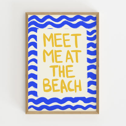 hand-drawn golden yellow meet me at the beach lettering blue wave border cream background art print