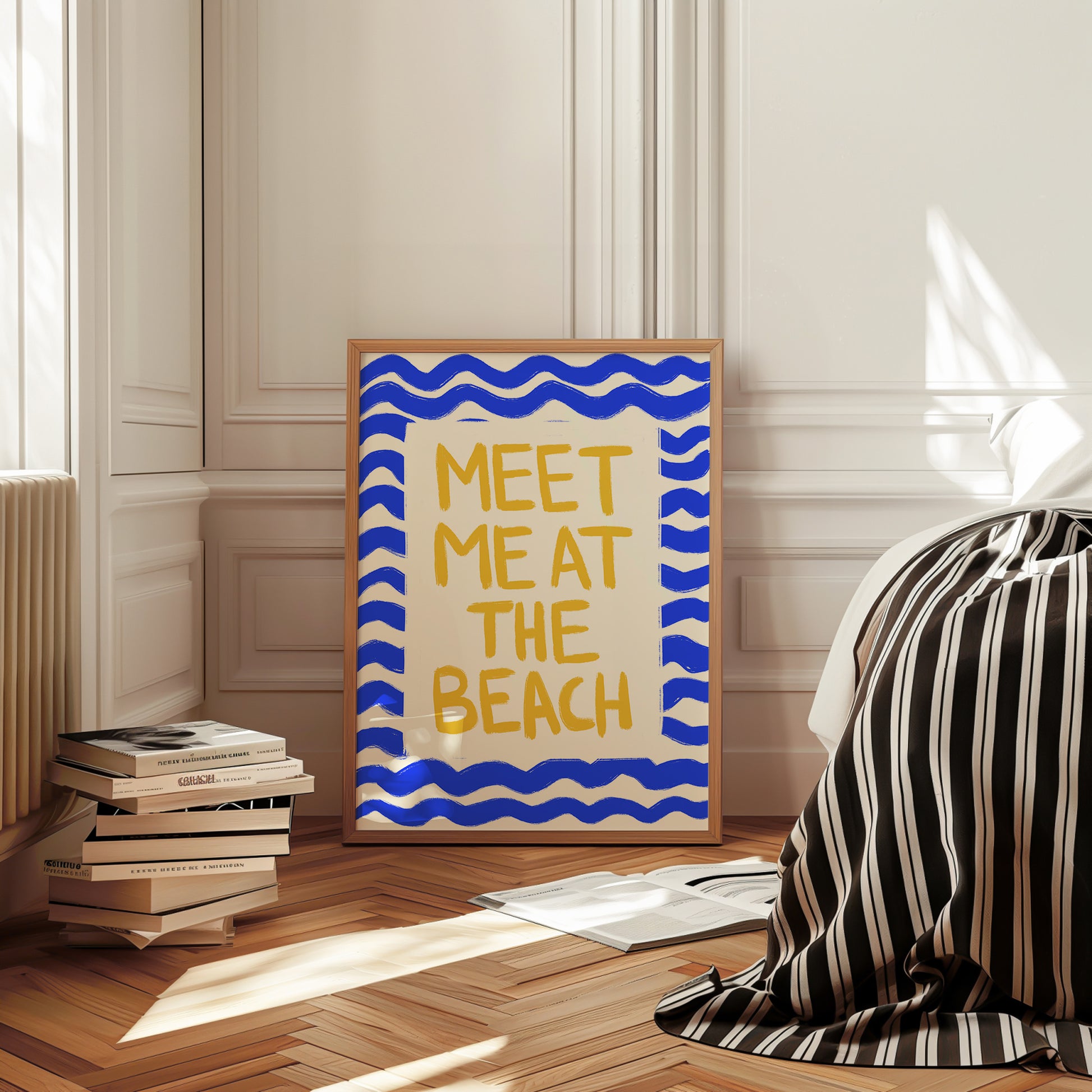 hand-drawn golden yellow meet me at the beach lettering blue wave border cream background art print