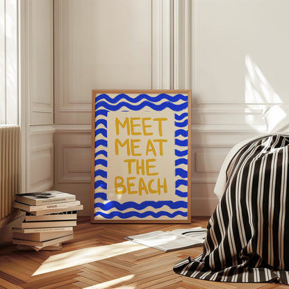 hand-drawn golden yellow meet me at the beach lettering blue wave border cream background art print