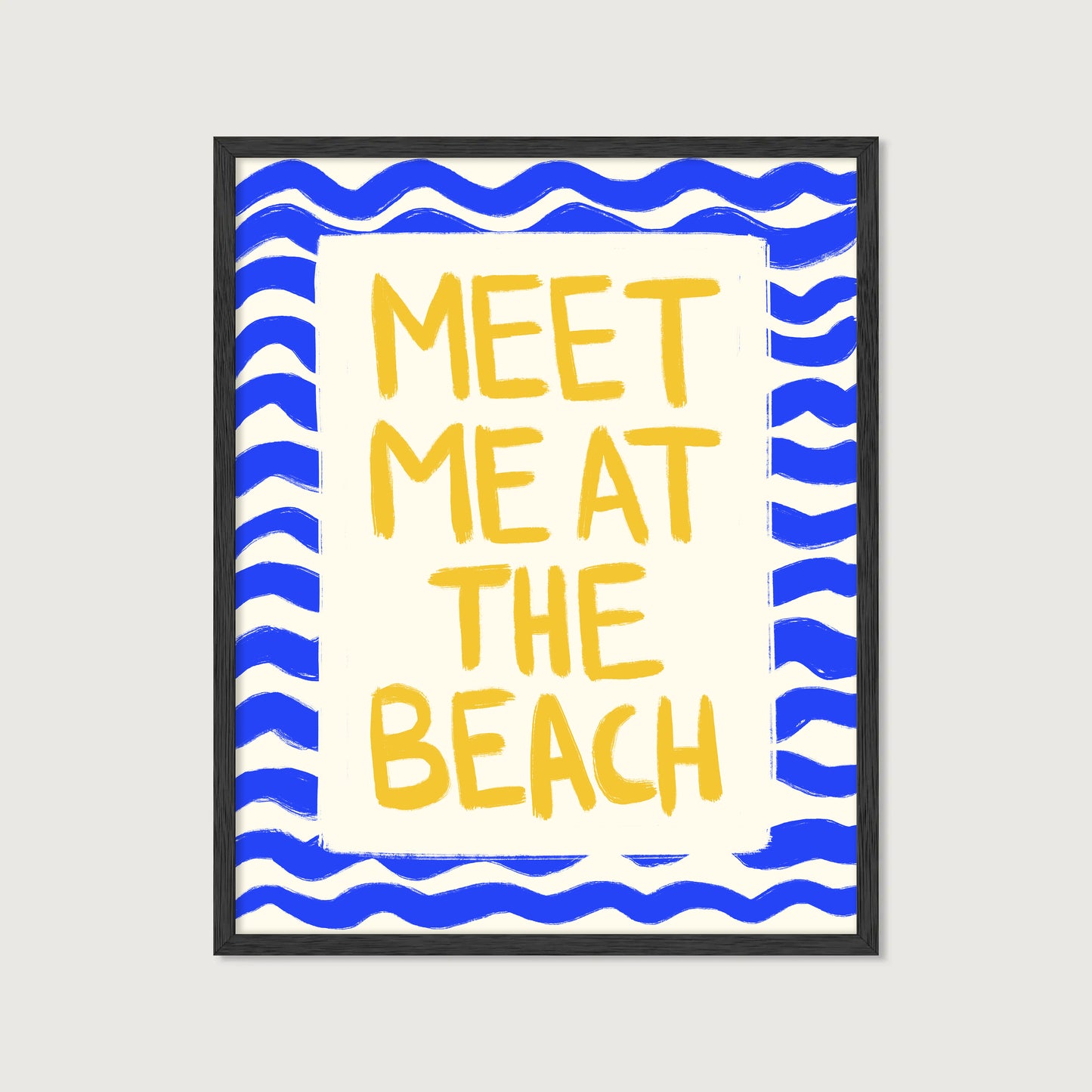 hand-drawn golden yellow meet me at the beach lettering blue wave border cream background art print