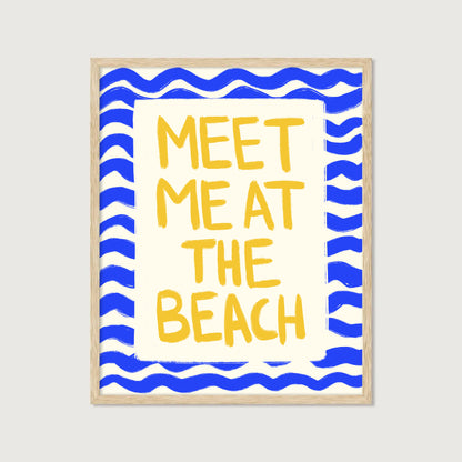 hand-drawn golden yellow meet me at the beach lettering blue wave border cream background art print