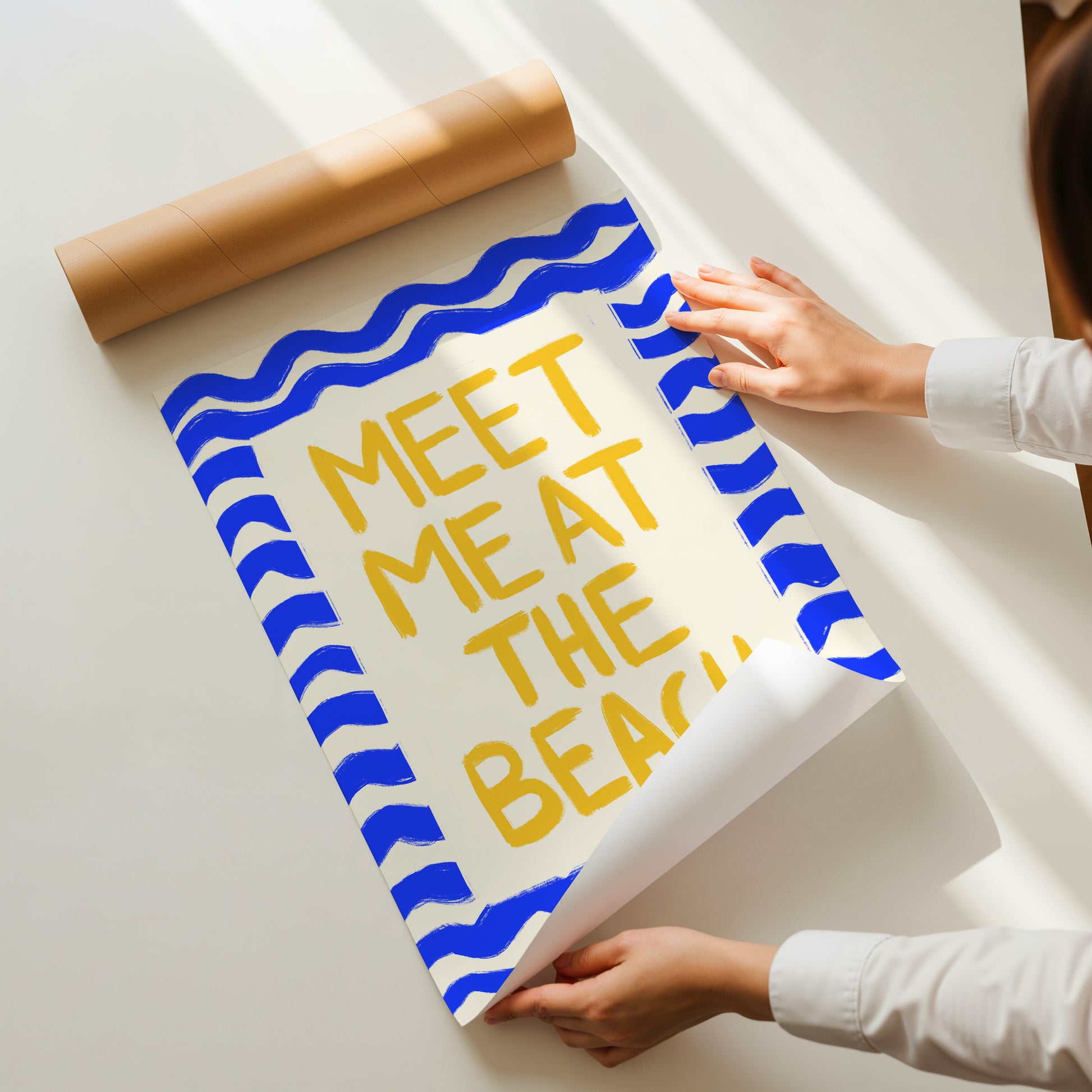 hand-drawn golden yellow meet me at the beach lettering blue wave border cream background art print
