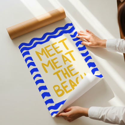 hand-drawn golden yellow meet me at the beach lettering blue wave border cream background art print