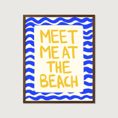 hand-drawn golden yellow meet me at the beach lettering blue wave border cream background art print