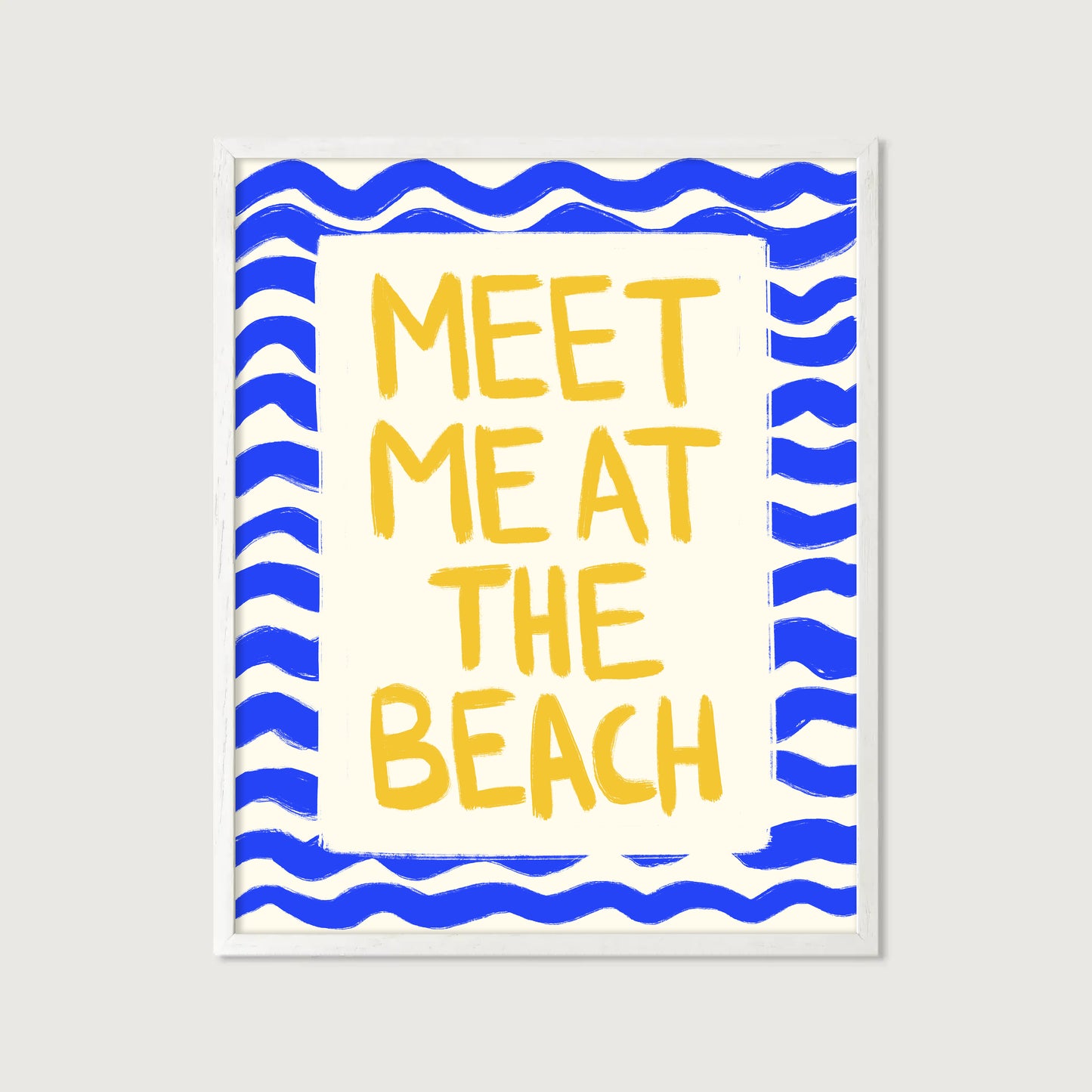hand-drawn golden yellow meet me at the beach lettering blue wave border cream background art print