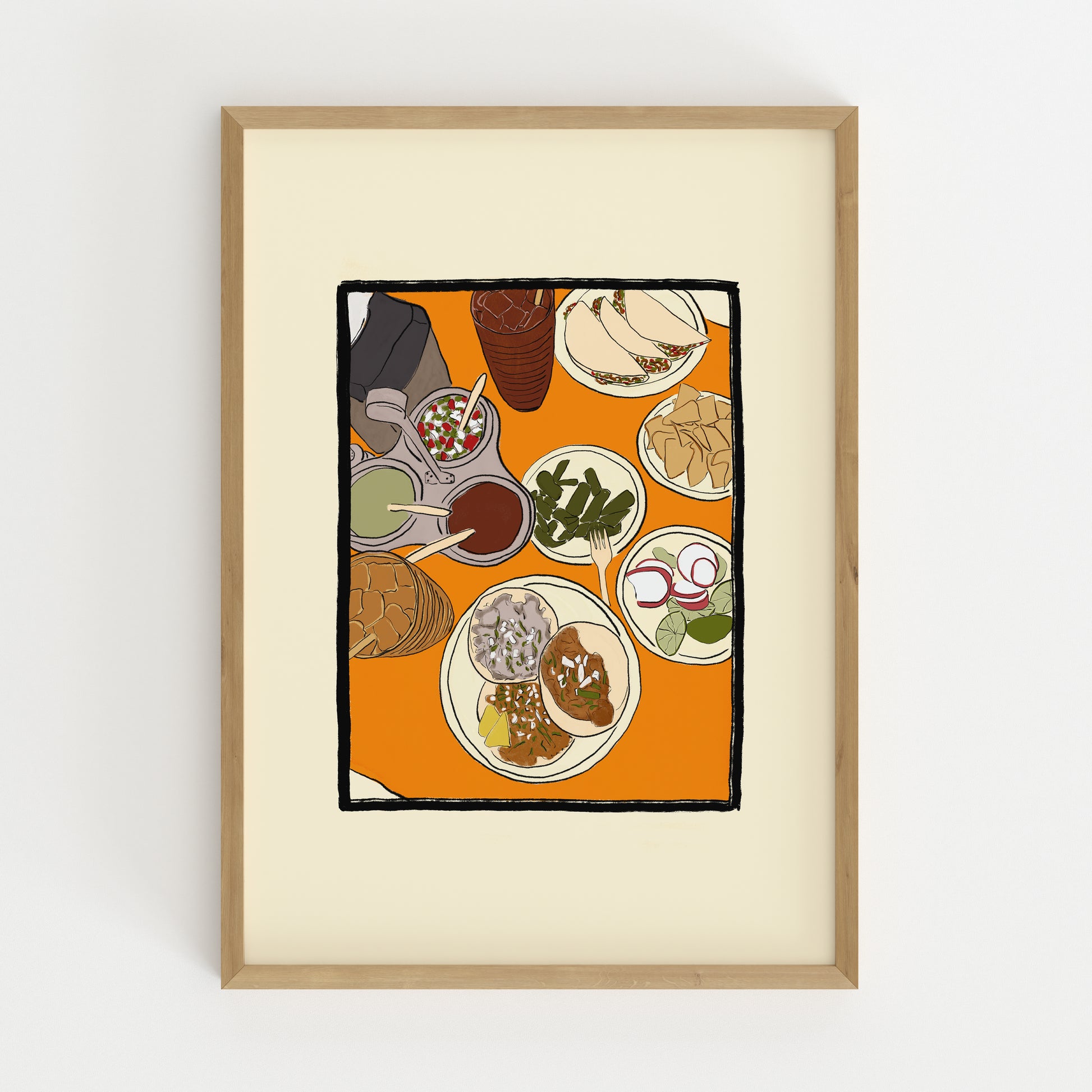 hand-drawn mexican lunch spread tacos salsas nopales orange table art print