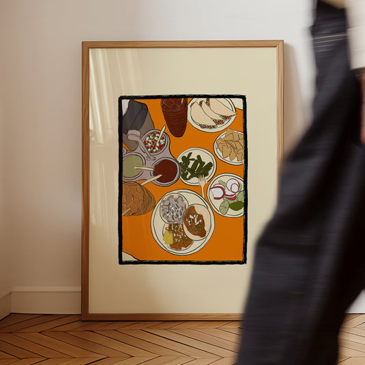 hand-drawn mexican lunch spread tacos salsas nopales orange table art print