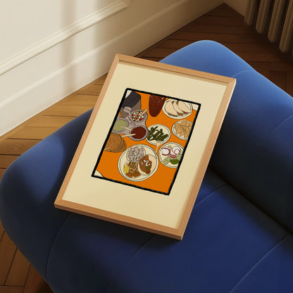 hand-drawn mexican lunch spread tacos salsas nopales orange table art print