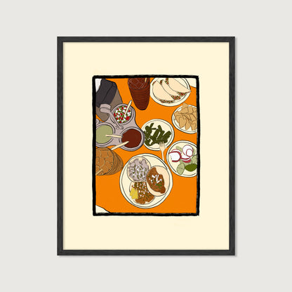 hand-drawn mexican lunch spread tacos salsas nopales orange table art print