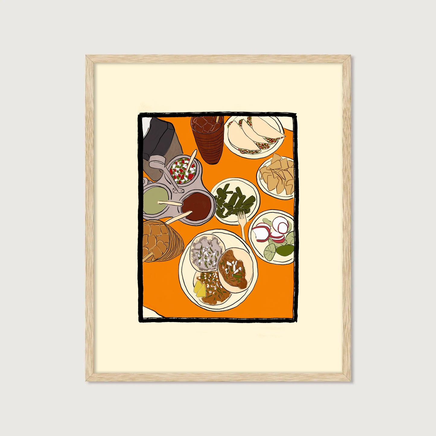 hand-drawn mexican lunch spread tacos salsas nopales orange table art print